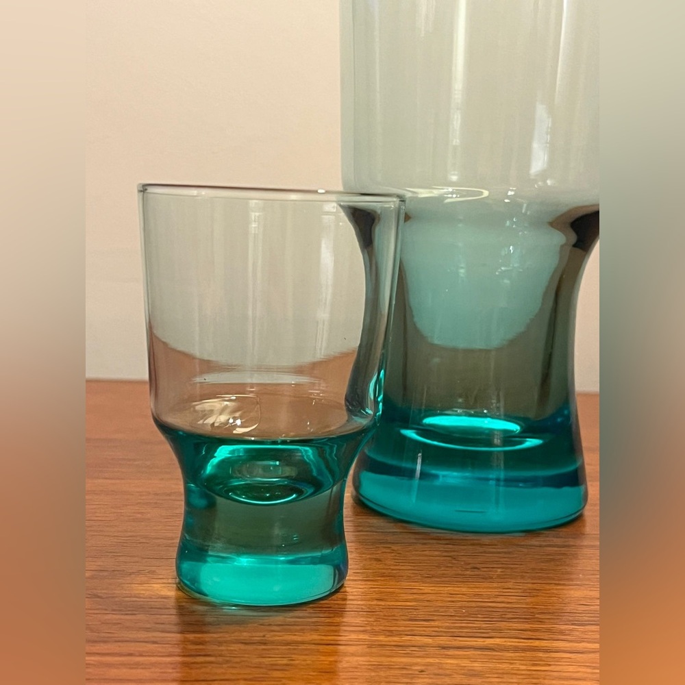 Vintage Sasaki Harmony Aqua Cocktail Blown Glass Pitcher with One Glass